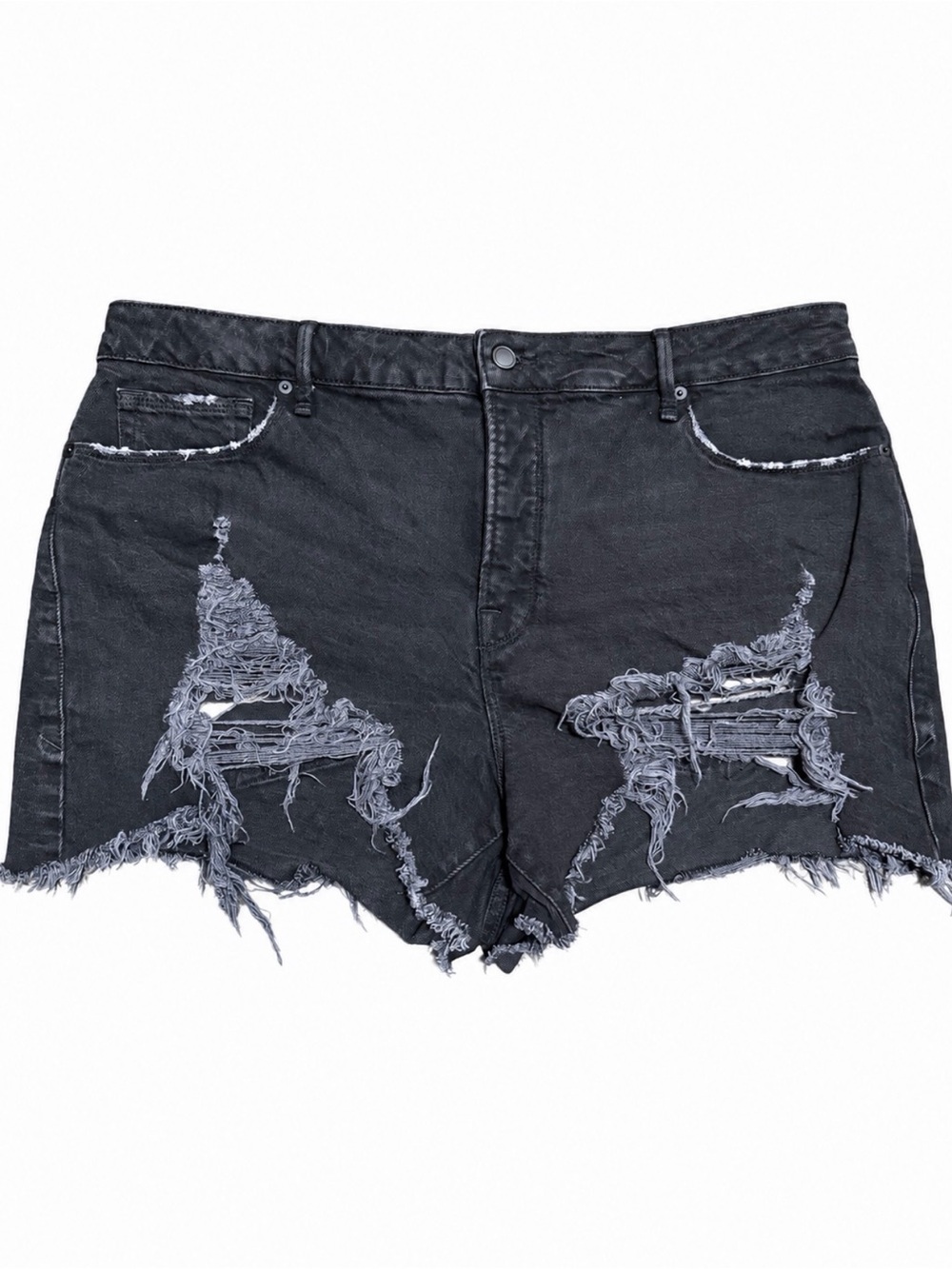 Good American Bombshell Distressed Black Denim Shorts Raw Hem | Womens Size 16